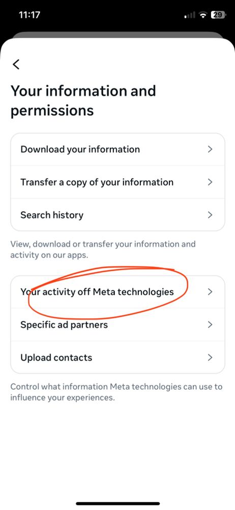 Select “Your activity off Meta technologies”