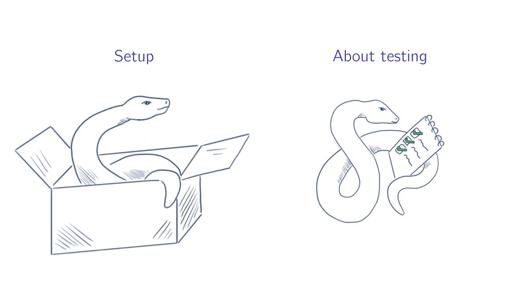 Two slide titles: "Setup" with an illustration of a snake looking out of a cardboard box, and "About testing" with a snake looking at a checklist with green checkmarks.