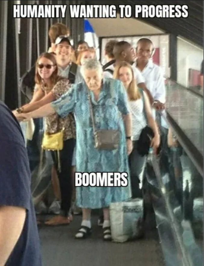Humanity wanting to progress, boomers. Pictured are diverse young people on a moving walk way bring blocked by an old lady taking up the entire path just standing there
