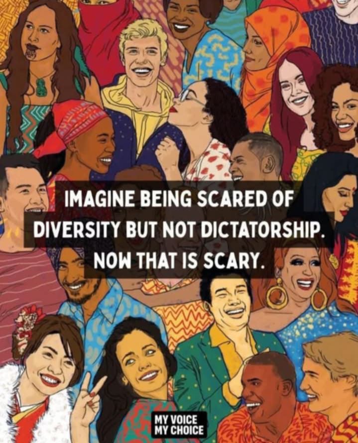 Imagine bring scared of diversity but not dictatorship. Now that's scary. My voice my choice. Pictured is a group of diverse people.