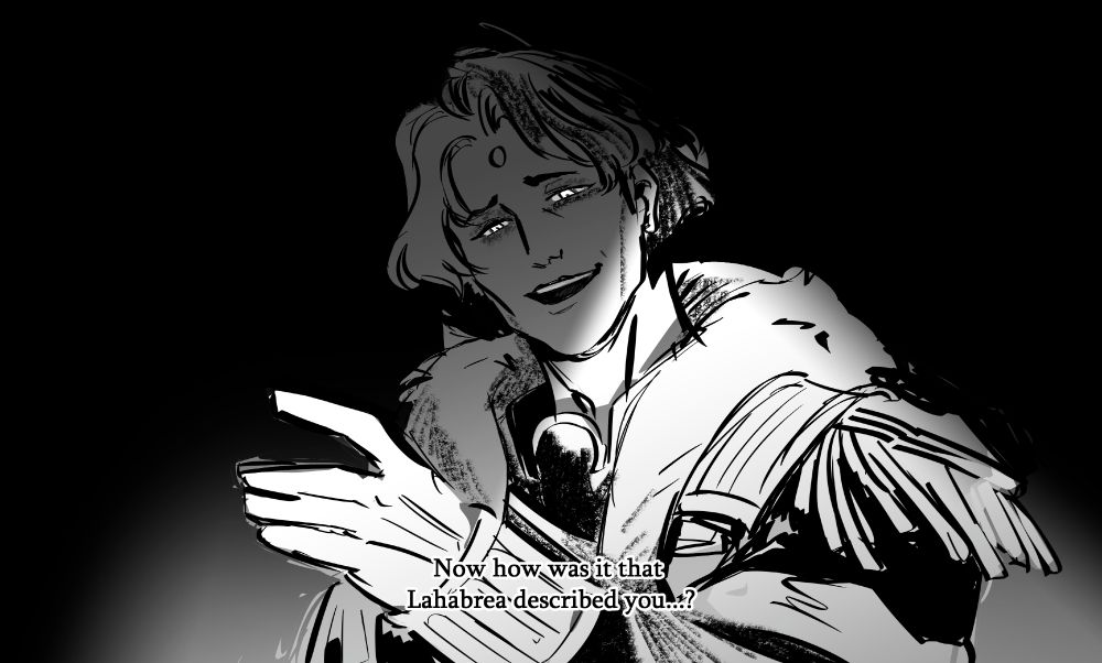Obscured by shadows, hand still raised, Emet-selch says: "Now how was it that Lahabrea described you...?" 