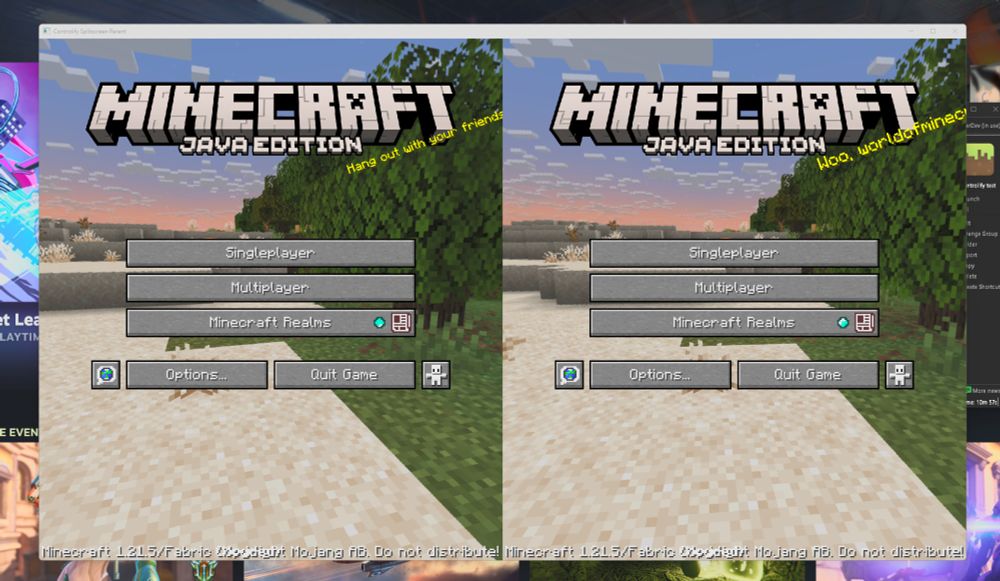 image of a single window containing two minecraft instances side-by-side