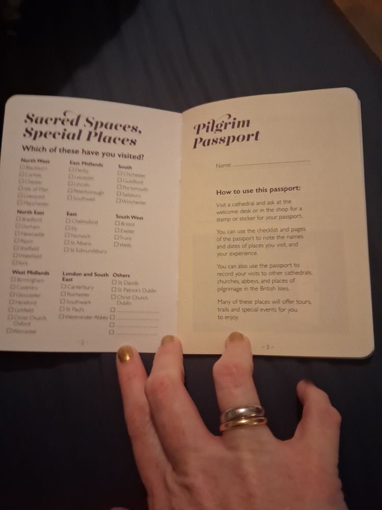 Inside pages listing all the cathedrals in Britain and How to use this passport: Visit a cathedral and ask at the welcome desk or shop for a stamp or sticker for your passport. You can use the checklist and pages of the passport to note names and dates of places you visit, and your experience. You can also use the passport to record your visits to other cathedrals, churches, abbeys, and places of pilgrimage in the British Isles. Many of these places offer tours, trails and special events for you to enjoy. 