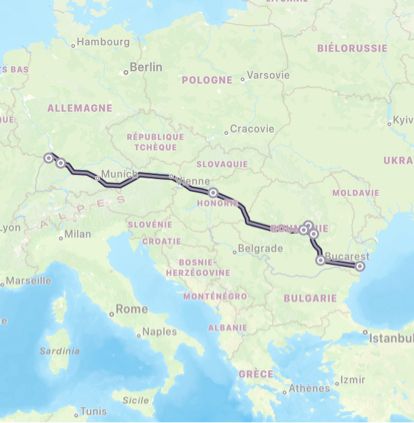 Ausschnitt Europakarte. Eingezeichnete Bahnroute Karlsruhe-Stuttgart-Budapest-Fagaras-Rupea-Brasov-Constanta