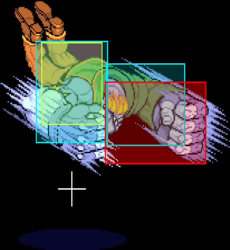 Victor's jumping heavy punch from Vampire Savior. The hitbox is also visible.