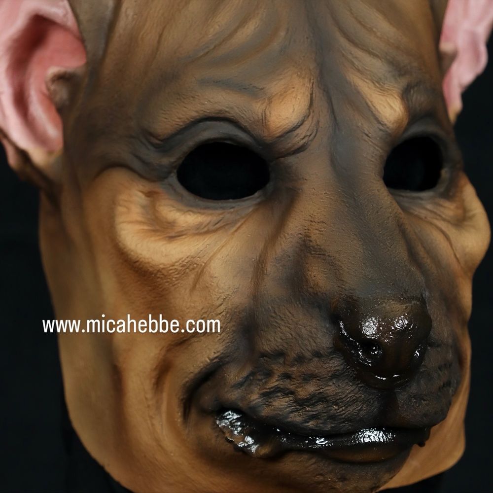 German Shepherd weredog mask, on a mannequin head, close up 3/4 right view