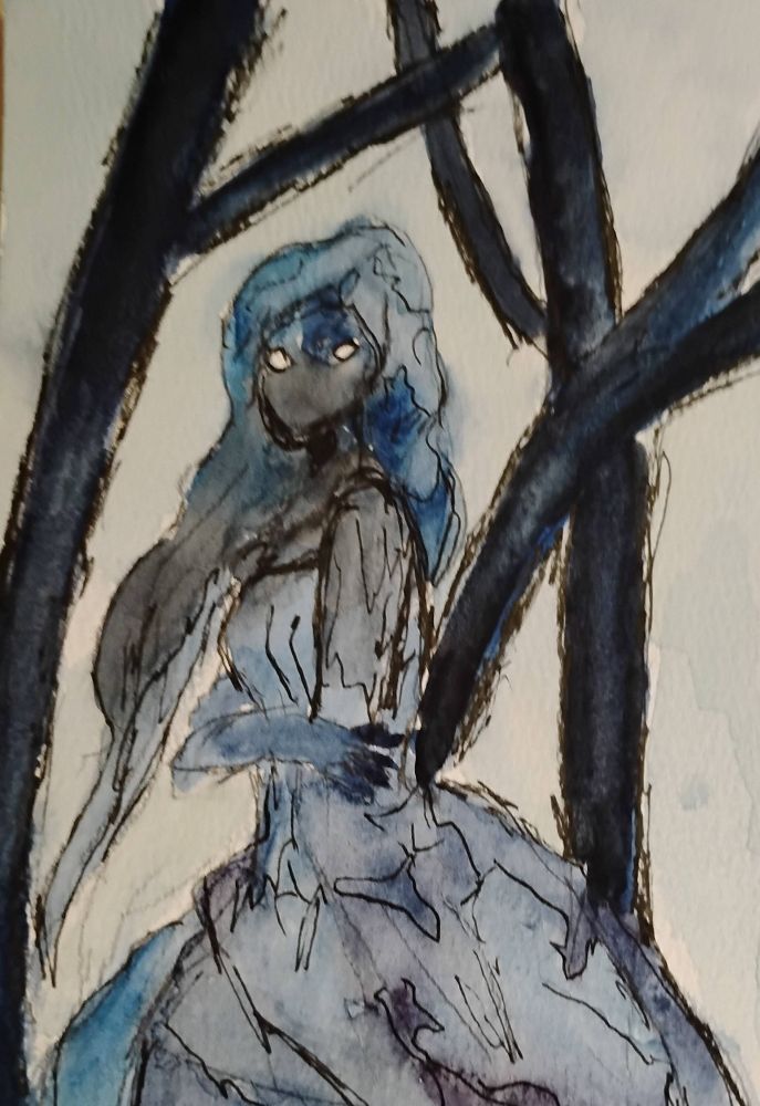 Watercolor painting of a woman in a blue dress with her face in shadows