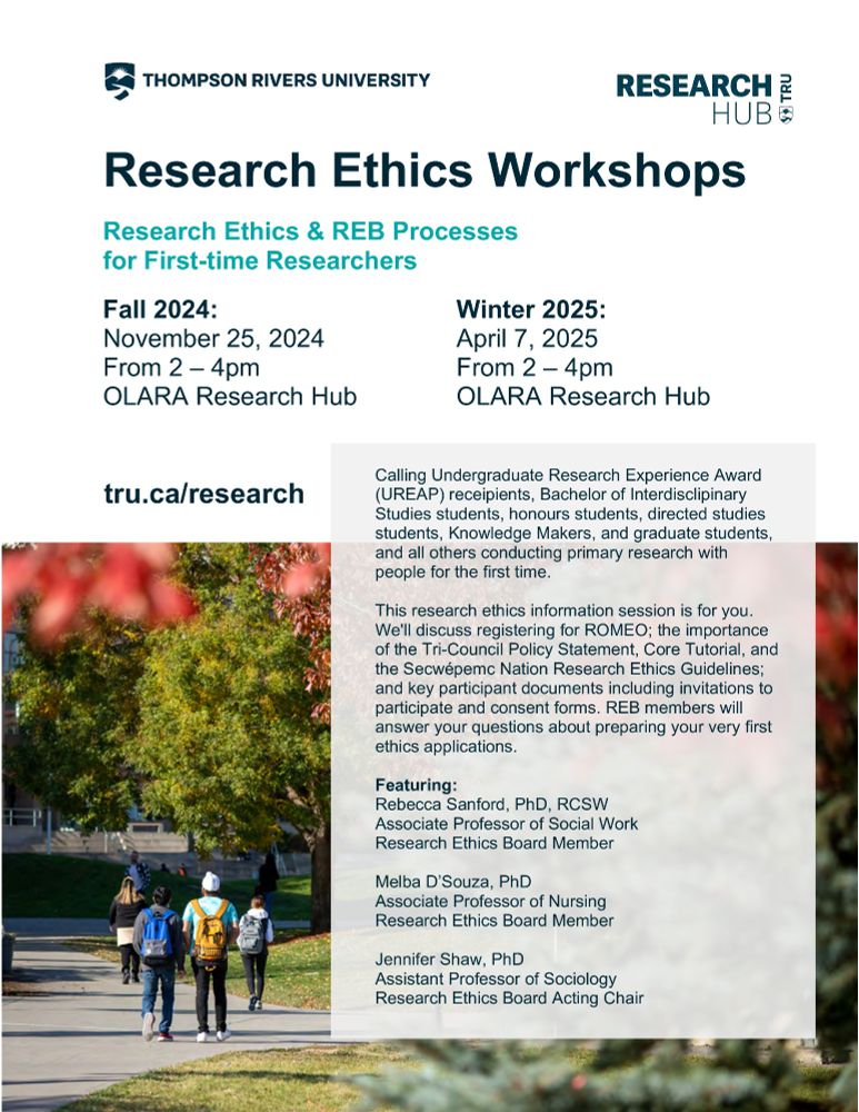 Poster of the Research Ethics Workshops in TRU Research Hub. One of the workshops happened on this Monday (Nov 25), and another workshop would be held on April 7, 2025.