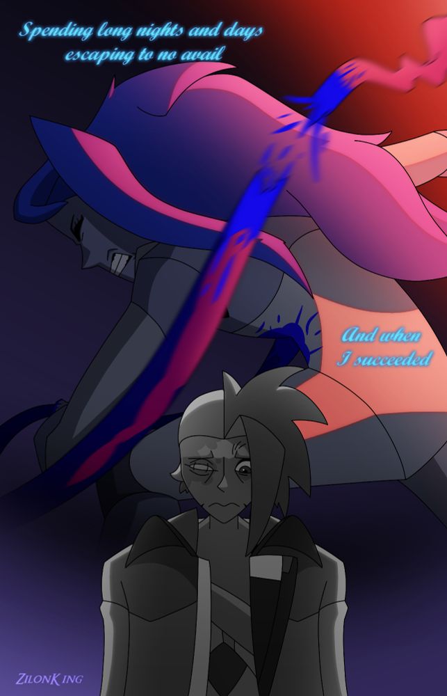Artwork 3/6 of the short story, showing Guin looking down, with black and white colors shown. The background showing her tearing off the intestine cord, which describes her breaking free, with red shining upon her.

Words appear in color which are from her inner thoughts on what she feels.