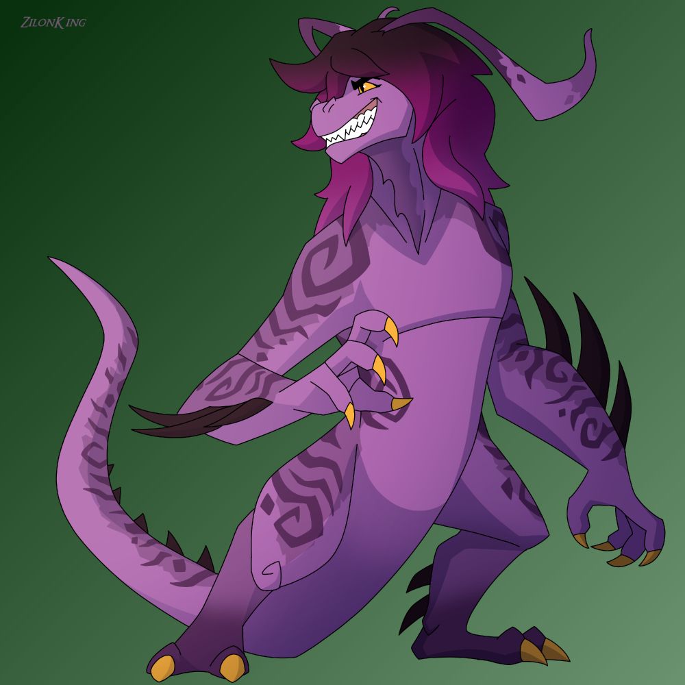 Artwork showing a redesign of a character of Susie (Deltarune) designed in the style of a PS2 Game (Scaler)