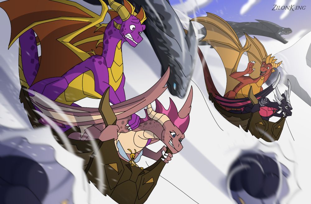 Artwork showing Spyro, Ember, Flame, and Cynder sledding down a large snowhill. With creatures in the background along with them traversing down the hill.