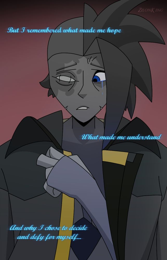 Artwork 5/6 of the short story, showing Guin looking up somewhat, with her hand raised as color begins to fade in. 

Words appear in color which are from her inner thoughts on what she feels.