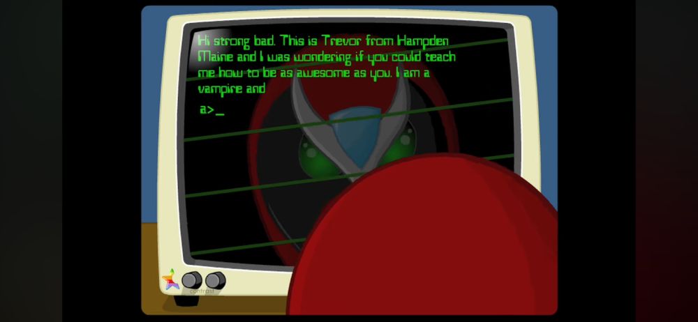 Strong Bad in front of a terrible old computer, reading an email from Trevor the vampire.
