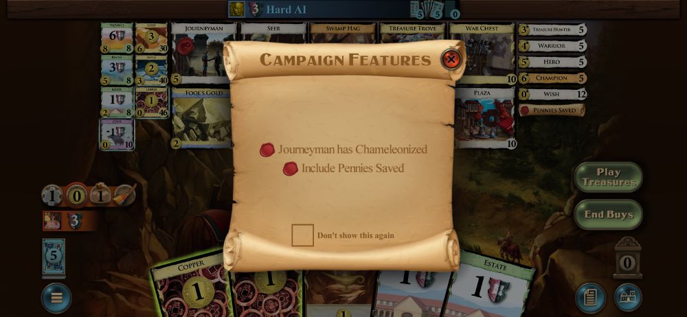 A screenshot of the Dominion app telling me that Journeyman has Chameleonized