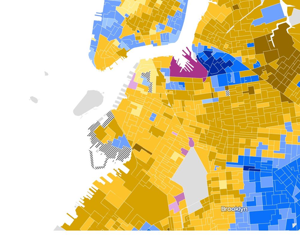 Voting map of Park Slope and surrounding areas, showing light yellow (favoring Mamdani) but not the darker gold/mustard of the areas south and northwest.