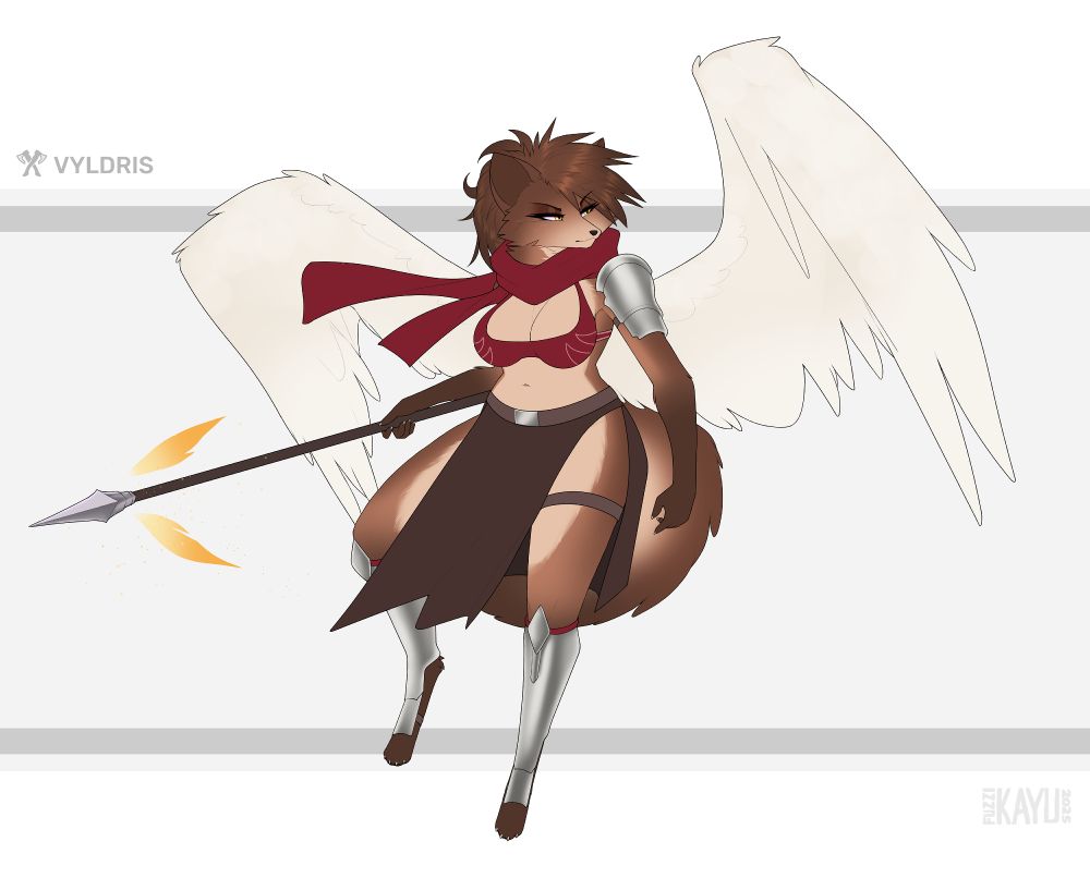 A reference image of Vyldris, a medium-brown sable with creamy highlights and dark brown back, hovering in the air with her big feathery Valkyrie wings. She's clad in a crimson scarf and bra with the insignia of the Berserkir, and holding a silver-tipped spear off which comes orange wings which match the orange glow of her eyes. She seems vaguely irritated, probably at you. 