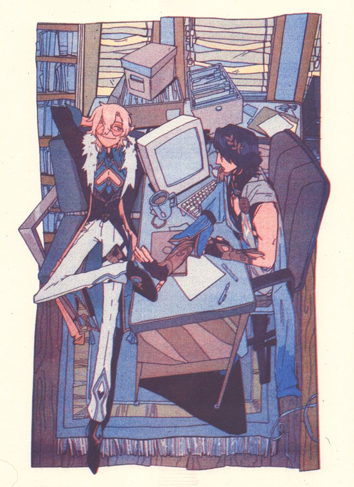 a risograph print in sunflower, blue, red, and violet of dr. ratio and aventurine from honkai star rail. aventurine is reclined perpendicular to a desk ratio is working at, and ratio is pushing his foot off of the tabletop.