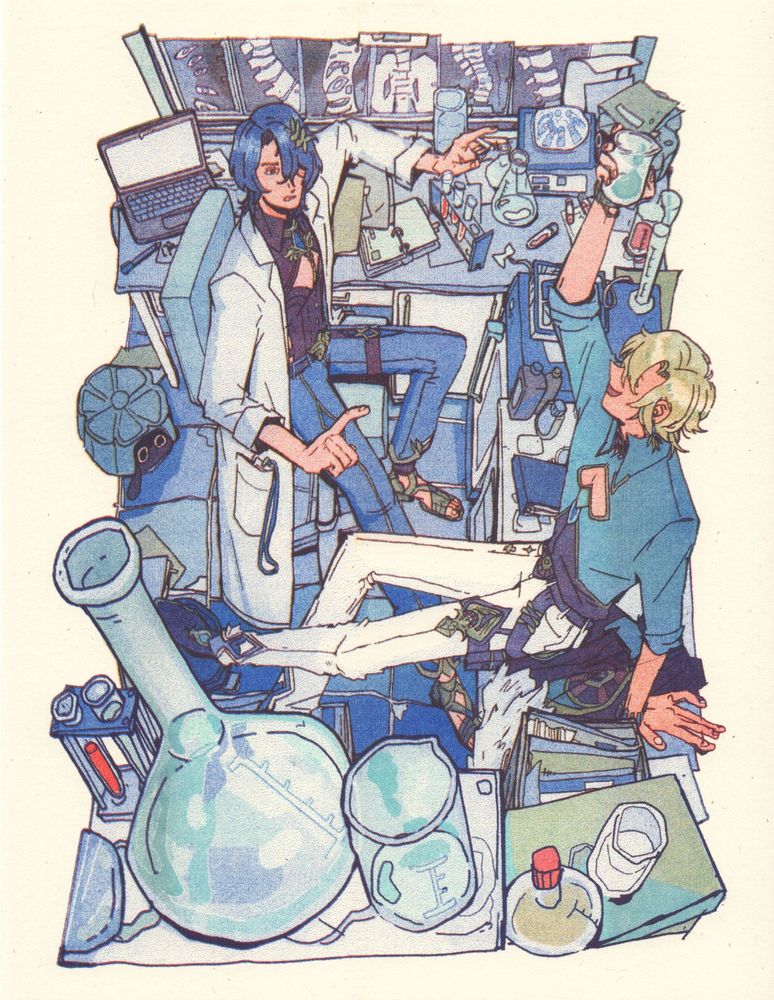 a risograph print in mint, sunflower, blue, and red of dr. ratio and aventurine from honkai star rail. ratio sits at a desk in a very unsafe looking lab, lecturing aventurine, who is perched on the edge of a table holding a beaker. there are flasks and beakers everywhere, and two catcakes hide in the mess.