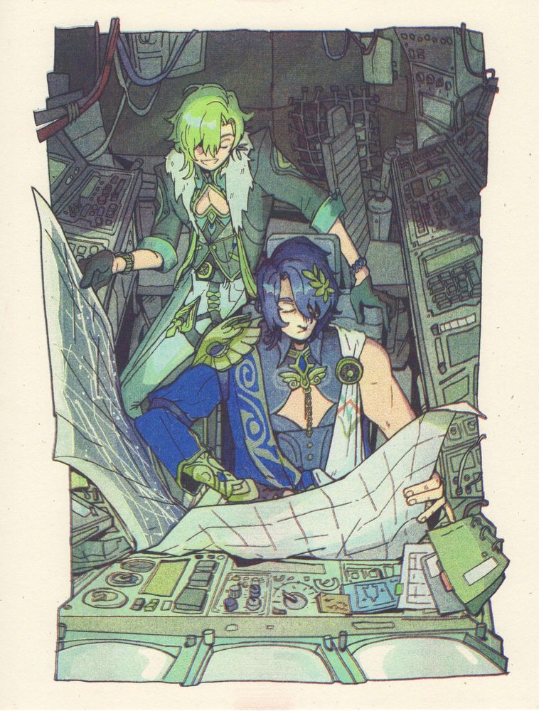 a risograph print in lime, mint, blue, and red of dr. ratio and aventurine from honkai star rail. ratio sits at the control panel of a ship studying a map. aventurine leans on his chair and over his shoulder, studying the map as well. 