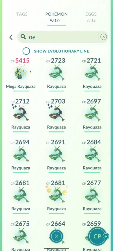 pogo screen with 17 Rayquazas. 2 shiny (: