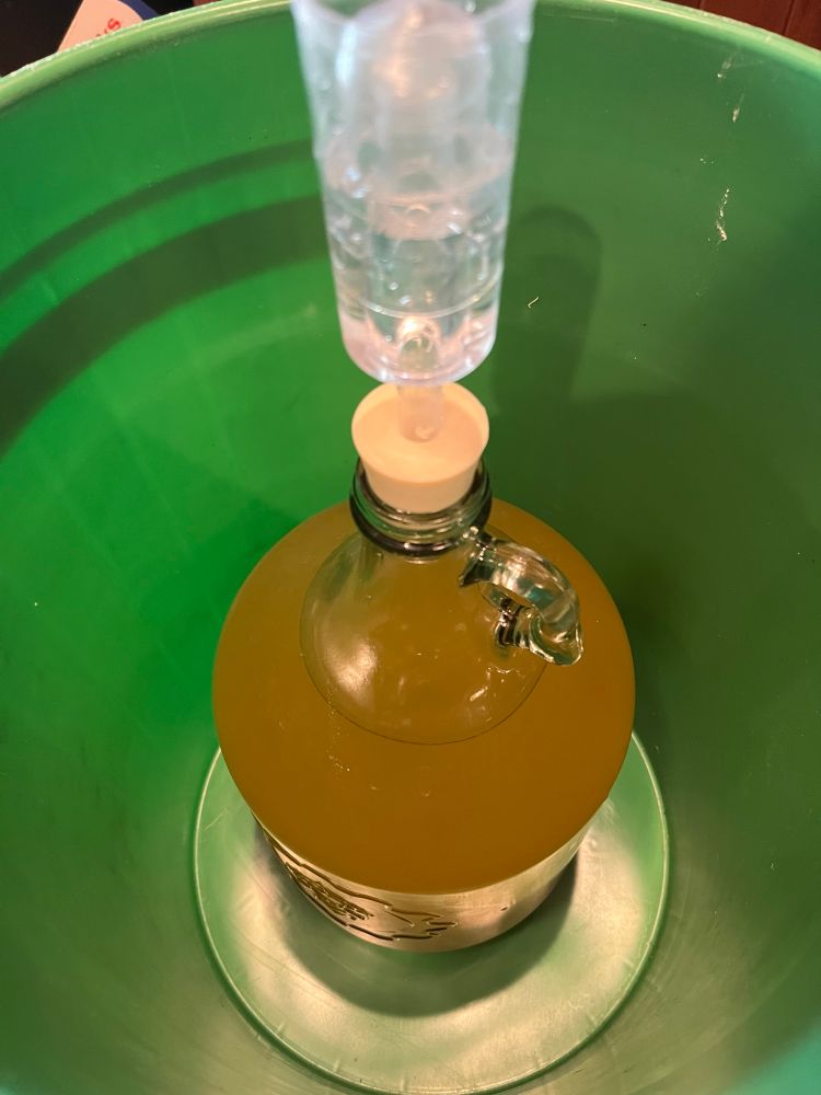 An angled overhead shot of a 1-gal glass carboy inside of a green 5-gal bucket. There’s a brown liquid inside the carboy and a stopper with a float is attached.