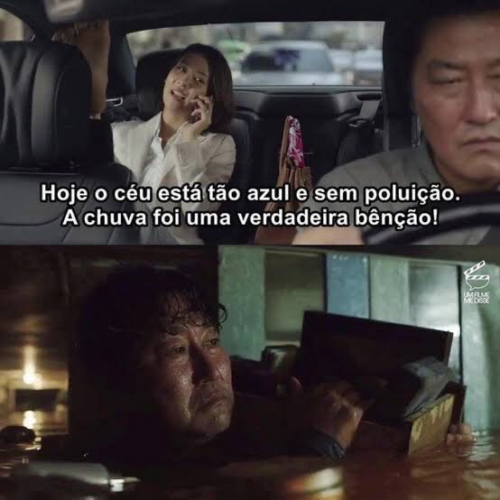 cena do filme parasita em que dondoca fala das bençãos da chuva pois o céu está limpo no dia seguinte e o motorista do carro porque passou a madrugada sem dormir na casa alagada dele 