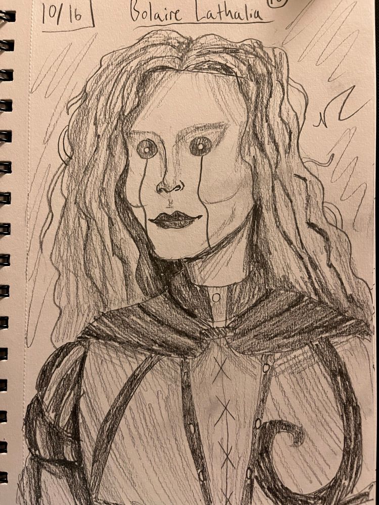 Fanart of Bolaire Lathalia, a person with a puppet mask on their face. 