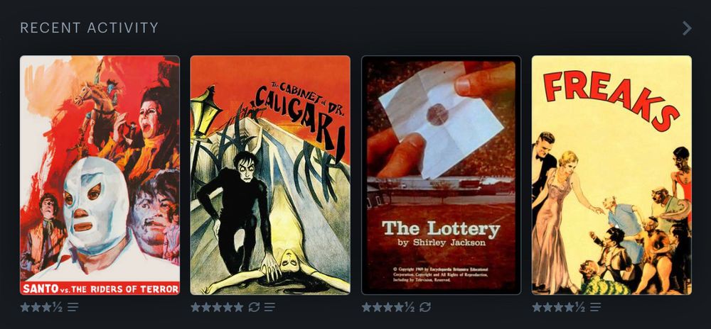A Letterboxd activity feed showing Santo vs The Riders of Terror, The Cabinet of Dr. Caligari, The Lottery and Freaks.