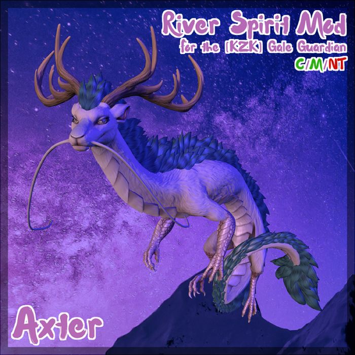 A long and slender eastern dragon with a green mane, tan antlers, tan belly, scaled, birdlike arms, and white fur. It is floating in front of a purple night sky with pink and indigo lighting. The text on the image reads, "River Spirit Mod for the [KZK] Gale Guardian. Copy, Mod, No Transfer. Axter." It is an ad for a texture mod/skin.