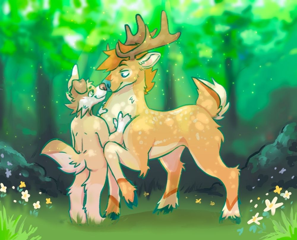 an anthro dog cuddling up to a feral deer's chest and they're touching noses