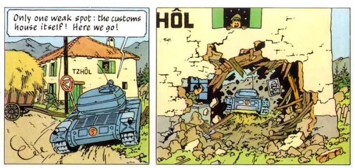 Two panels of Tintin driving a tank through a customs house in "THe Calculus Affair"