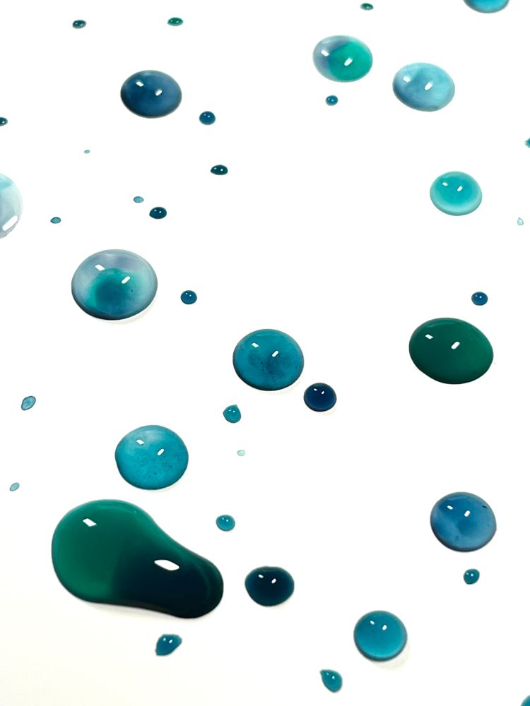 Many drops of water on white paper, and within each drop are green to blue watercolor pigment.  Each drop reflect 1-2 white lights on its surface. (c) Lena Struwe, 2025 