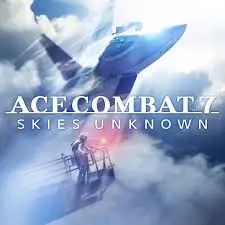 A fighter jet swooping through the clouds in the background with a guy on the edge of what I assume is an aircraft carrier in the foreground. The logo for “Ace Combat 7: Skies Unknown is displayed prominently.