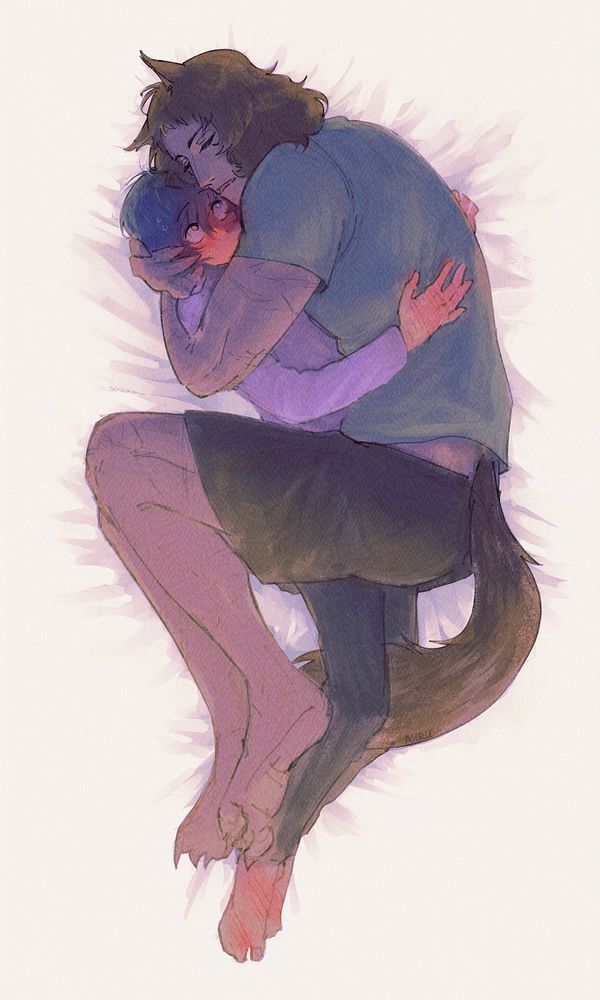 An illustration of Basilio Magnus and Will from Metaphor: ReFantazio. Both of them are on the same bed, Bas is asleep and has unknowingly hugged WIll, who cannot move. Will is flustered but reciprocates the hug. Art can be taken as willbas or baswill.