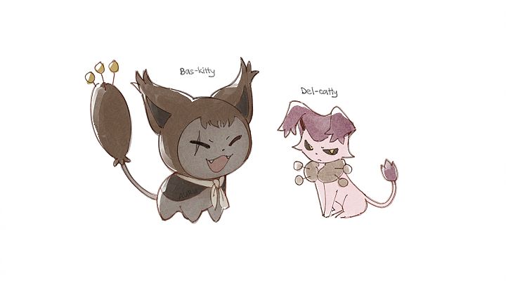 A illustration doodle of Basilio and Fidelio from Metaphor: ReFantazio characters as the pokemon skitty and delcatty while retaining details of their original character designs.