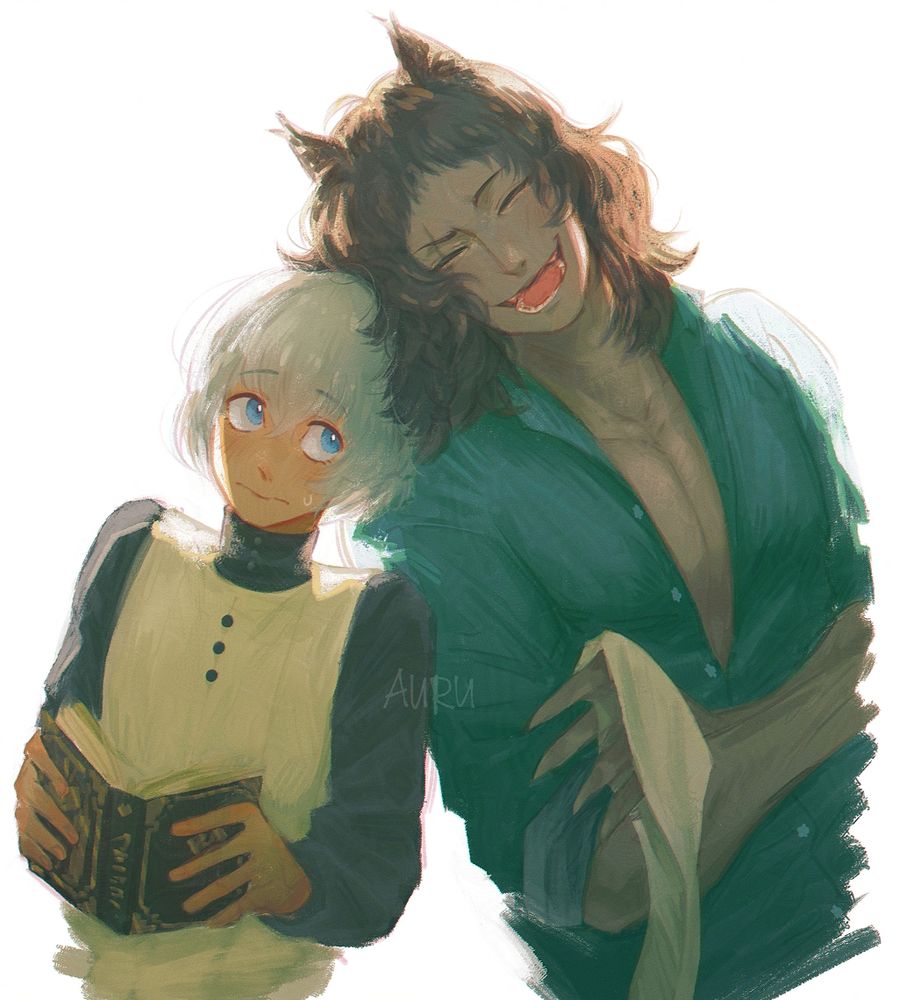 An illustration of Basilio Magnus and the protagonist, Will, from Metaphor: ReFantazio. Basilio has removed his necktie and is leaning his head on top of Will's while laughing. Will was trying to read his book but stopped because he got flustered by Basilio and is now looking up at him. (Art can be taken as willbas or baswill!)