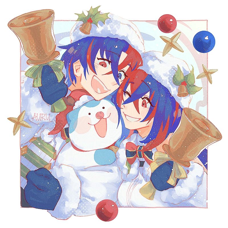 An illustration of both male and female Alear from Fire Emblem Engage in their Gifted Dragons duo form from FEH. They are hugging Sommie who appears with them in Heroes and are grinning and laughing as Christmas ornaments surround them.
