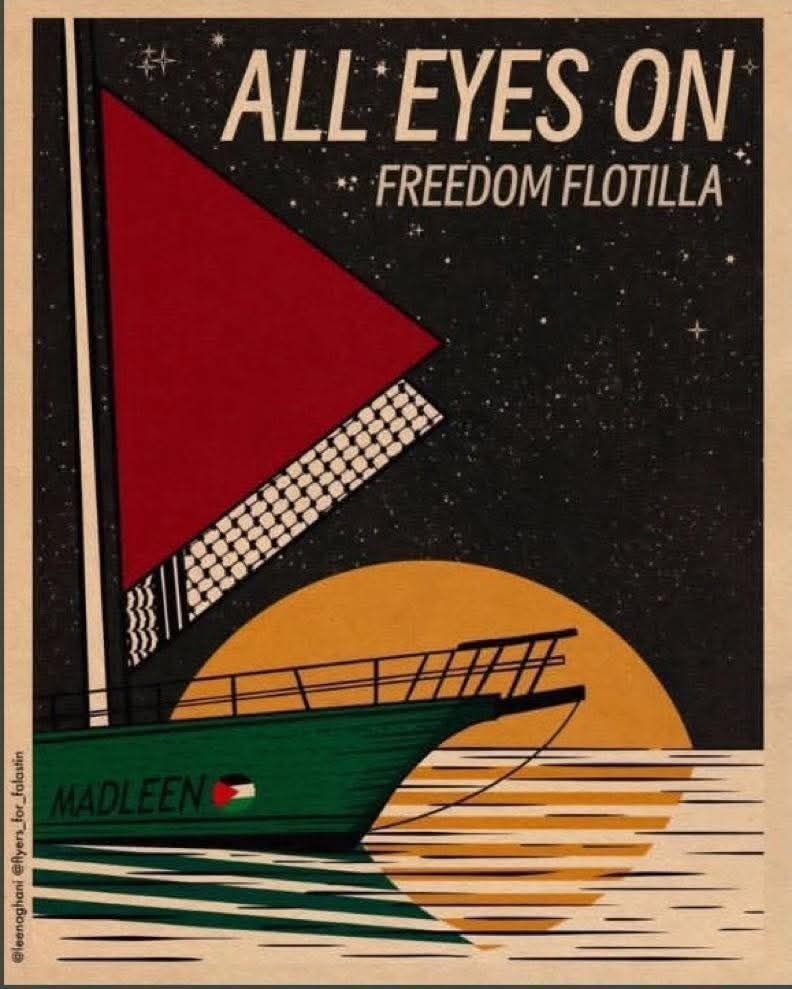 Dessin du Madleen avec le slogan "ALL EYES ON FREEDOM FLOTILLA"