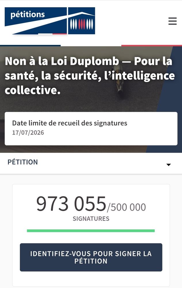 Capture d'écran de la pétition pour l'abrogation de la loi Duplomb sur le site de l'Assemblée nationale, qui a recueilli à cette heure plus de 973 000 signature