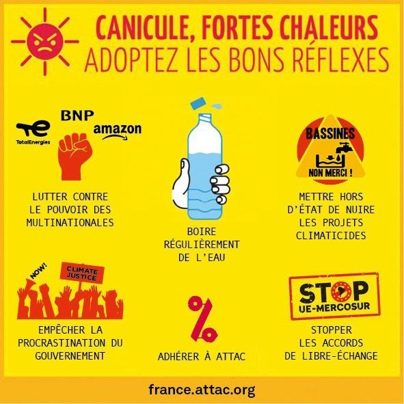 Visuel "Canicule, fortes chaleurs. Adoptez les bons réflexes.
Boire régulièrement de l'eau 
Lutter contre le pouvoir des multinationales 
Mettre hors d'état de nuire les projets climaticides
Empêcher la procrastination du gouvernement 
Adhérer à Attac
Stopper les accords de libre-échange "
