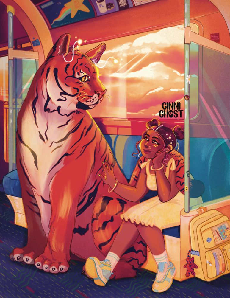 Illustration of girl on train sitting next to her magical tiger.