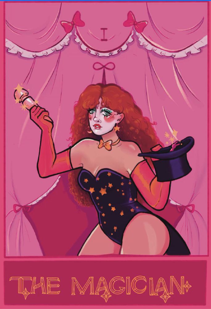 illustration of Chappell Roan dressed as a magician, holding a toy wand and a hat with a rabbit coming out.