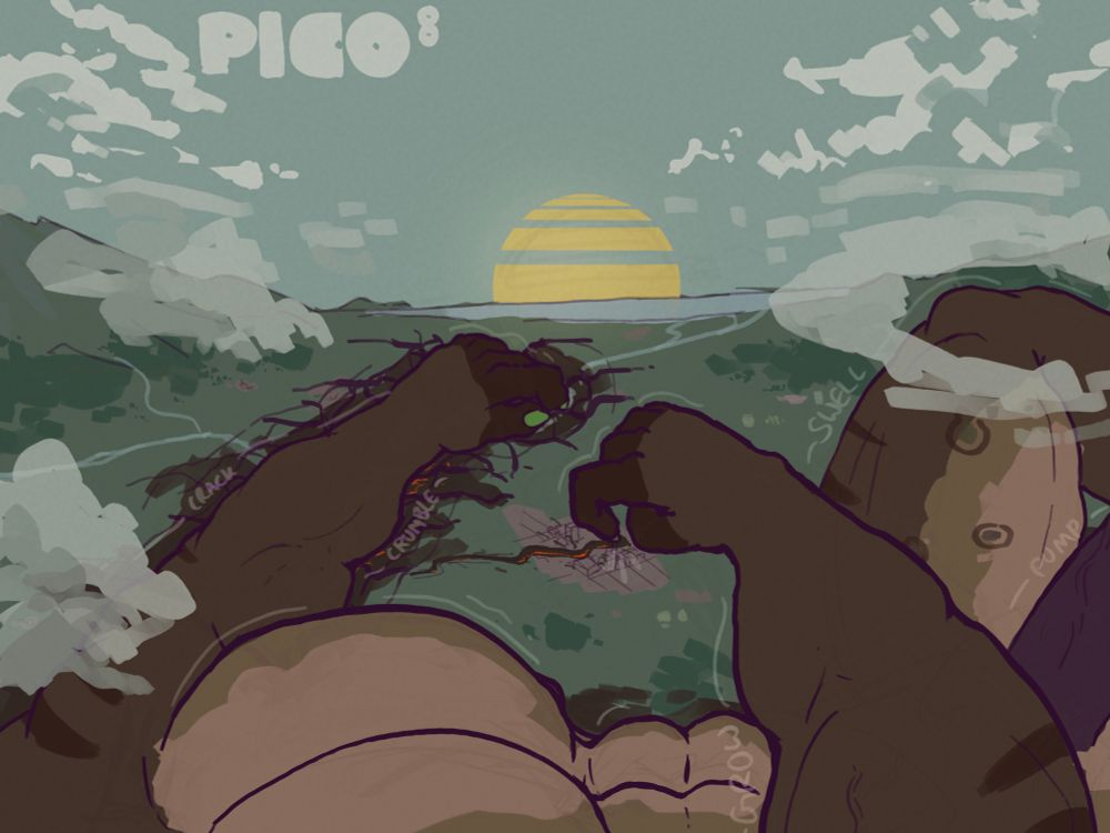 POV perspective of Brie, who is now roughly the size of a zip code, scribbling in the surface of the earth with his claws. 