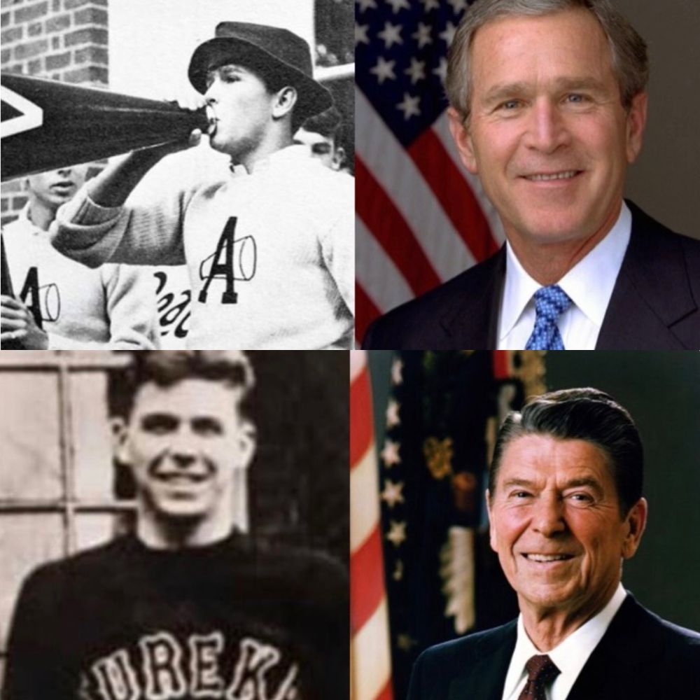Former male cheerleaders George W Bush and Ronald Reagan. 