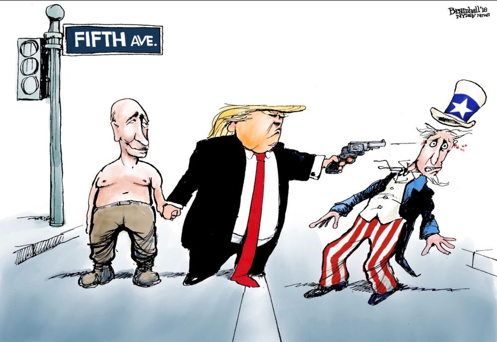 Bill Bramhall nailed it! 🎯🎯🎯

Cartoon by Bill Bramhall: Putin is holding Trump's (R) hand on Fifth Ave. Trump is holding a gun in his other hand and he's shooting Uncle Sam.