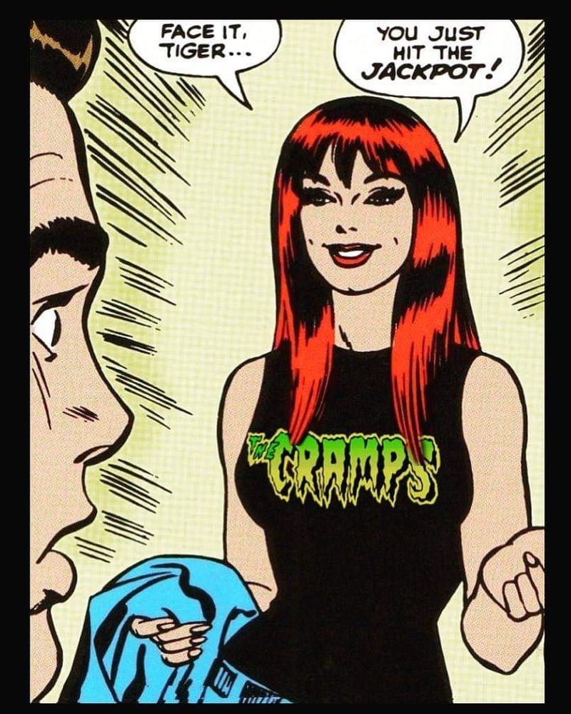 Cartoon images of an attractive woman (Mary Jane Watson) with red hair and a black t-shirt that has the name of the band 'The Cramps' on it. She is saying 'Face it, Tiger, you just hit the jackpot' to a startled man: Peter Parker (Spiderman).