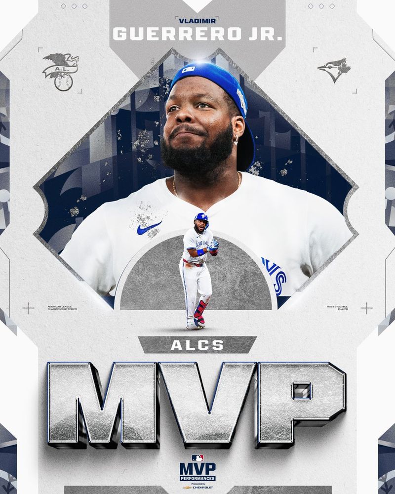 ALCS MVP: Vladimir Guerrero Jr.
Pictured: Two cutouts of Vladimir Guerrero Jr. in a home white Blue Jays uniform with blue lettering.
MVP Performances presented by Chevrolet