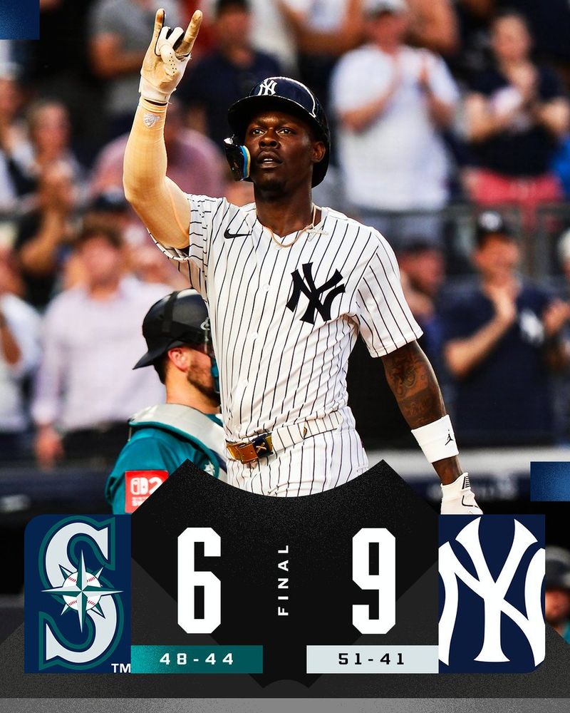 Final Score Graphic, 7/9/2025
Final: Seattle Mariners 6 (48-44), New York Yankees 9 (51-41)
Pictured: Jazz Chisholm Jr. celebrates while crossing home plate after hitting the first of his two home runs on Wednesday night. He is wearing a pinstriped New York Yankees jersey and a dark blue batting helmet.