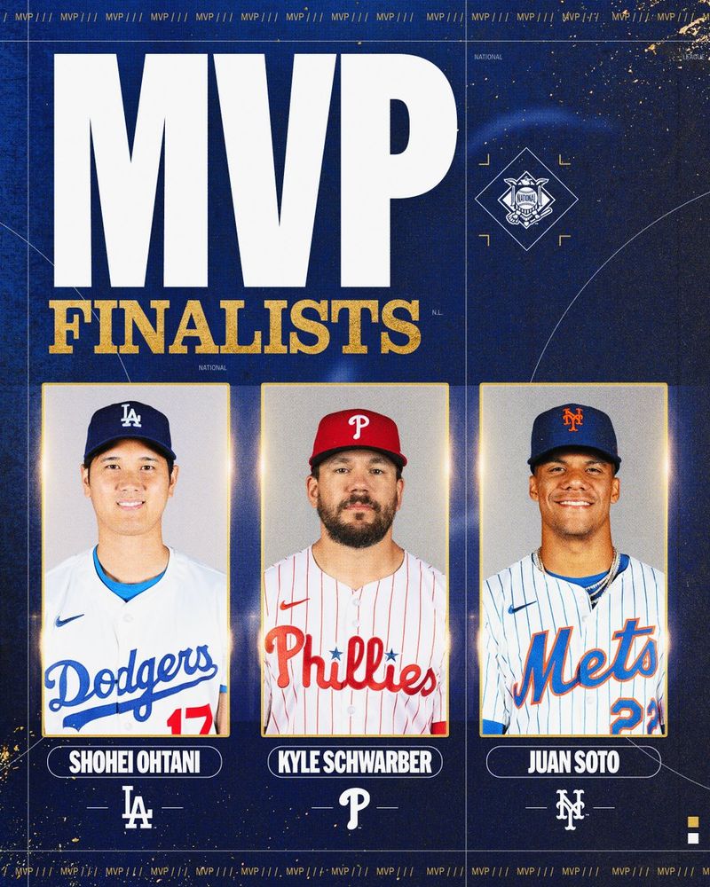 NL MVP Finalists
Left: Shohei Ohtani poses for media day in a white Dodgers uniform and blue cap.
Middle: Kyle Schwarber poses for media day in a white pinstriped Phillies uniform and red cap.
Right: Juan Soto poses for media day in a white pinstriped Mets uniform and blue cap.