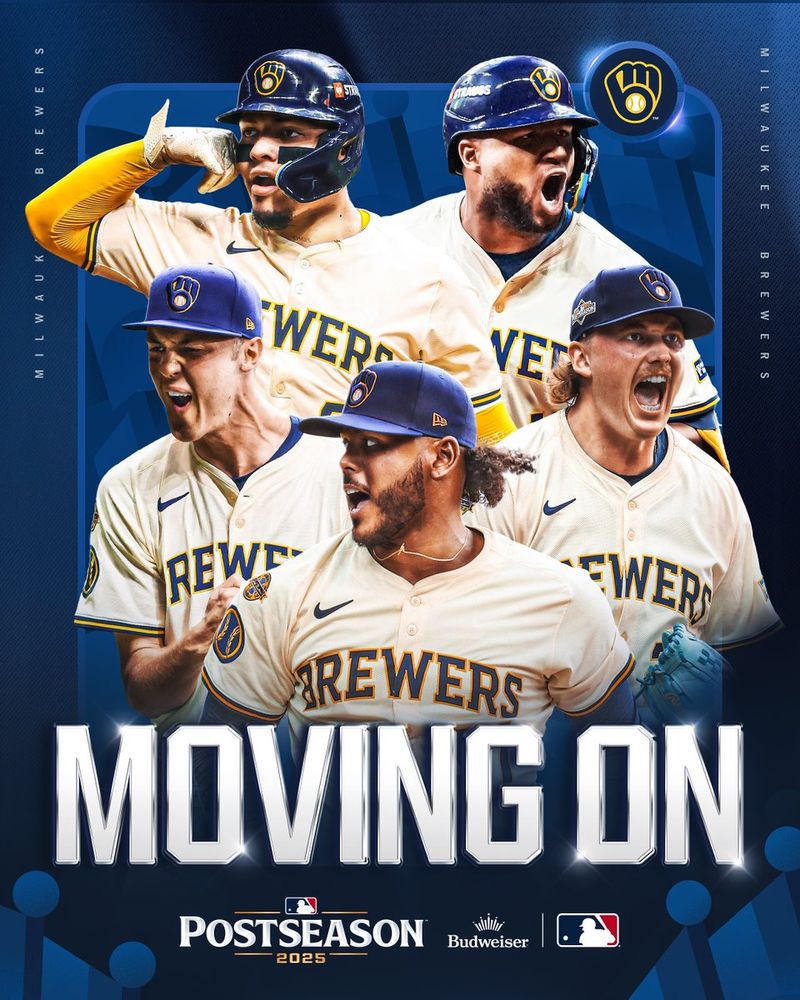 MOVING ON: Milwaukee Brewers
Pictured: Cutouts of William Contreras, Jackson Chourio, Jacob Misiorowski, Nick Mears and Freddy Peralta in various action poses. They wear cream-colored Brewers uniforms with with yellow and navy blue lettering.
Moving on presented by Budweiser